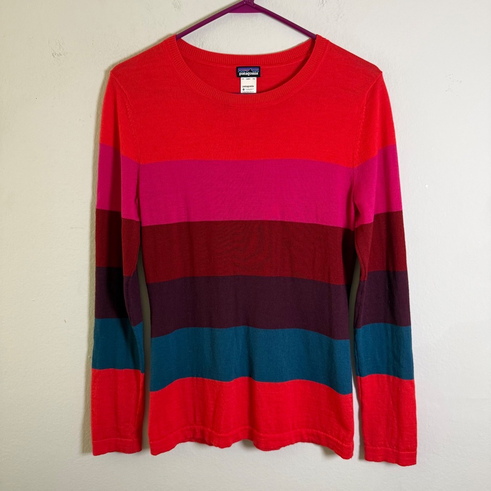 Patagonia Womens M Merino Wool Striped Sweater Red Blue Long Sleeve Crewneck
